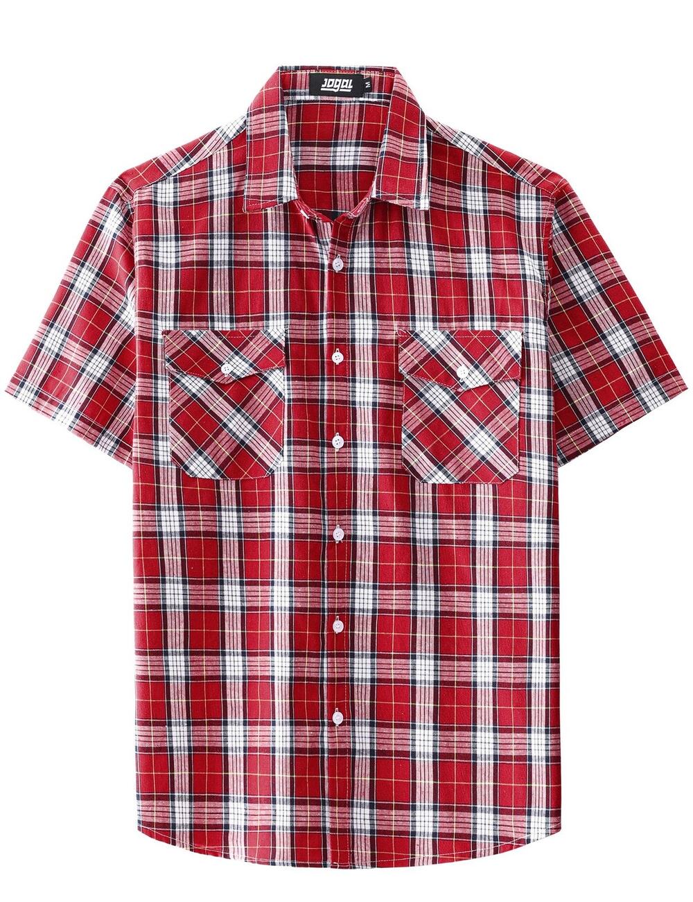 JOGAL Mens Short Sleeve Button Down Shirt Red Plaid XXL Two Pocket Western